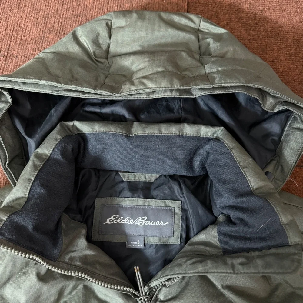 Eddie Bauer EB550 Down Parka Womens Small Olive Green Puffer Hooded Jacket Coat
